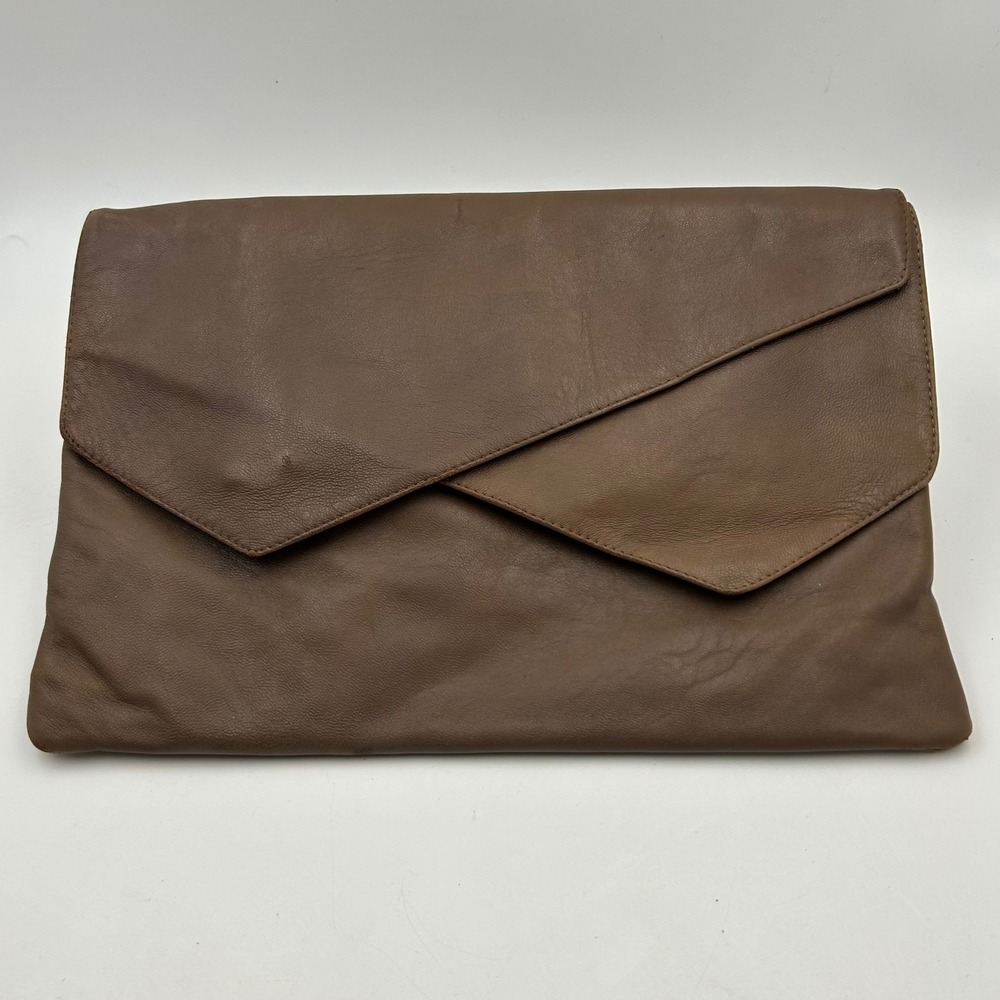 VTG Italian Leather Envelope Clutch Large Brown Asymmetrical Minimalist Chic 80s